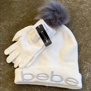 NWT Bebe Cream Knit Hat and Gloves Set with Gray Pom-Pom